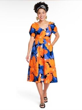 Bold Orange and Blue Floral Tie-Waist Midi Dress